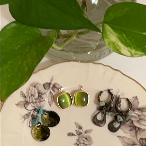 Set of Three Green Toned Pierced Earrings - Picture 1 of 7